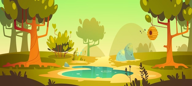 Forêt de dessin animé avec marais et sentier