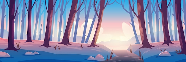 Vecteur gratuit forêt d'hiver avec glace sur rivière, arbres nus et neige sur terre. illustration de dessin animé de vecteur de paysage de bois enneigé avec des troncs d'arbres et de l'eau gelée dans le ruisseau le soir