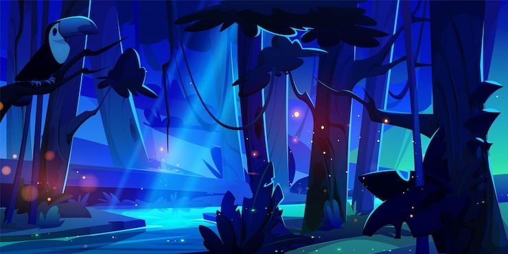 Vecteur gratuit forêt de jungle sombre de nuit avec vecteur d'arbre tropical ruisseau de fantaisie effrayant ou rivière dans la forêt tropicale avec le toucan de luciole et la vigne au-dessus du clair de lune lumière magique de ver lumineux halloween papier peint forêt scène