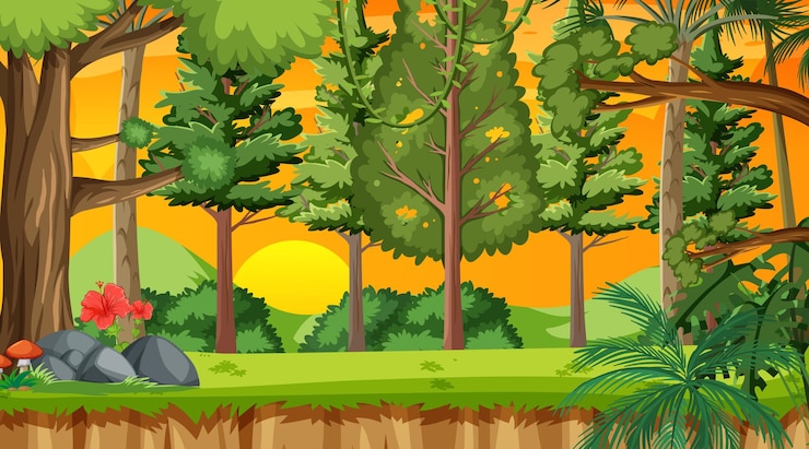 Vecteur gratuit forêt naturelle au coucher du soleil scène