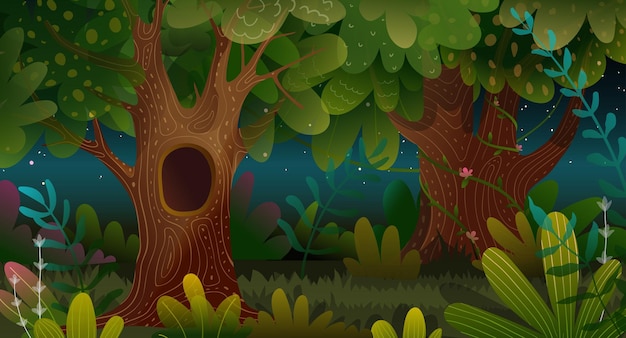 Forêt la nuit avec un arbre creux effrayant, dessin animé de paysage magique enchanté fantastique. illustration de mystère de style aquarelle de conte de fées pour enfants. conception de vecteur d'enfants de fond d'écran.