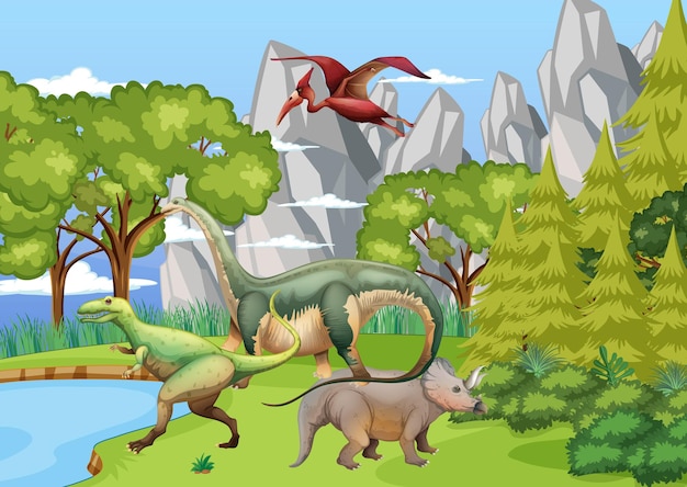 Vecteur gratuit forêt préhistorique avec dessin animé de dinosaure