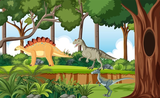 Forêt préhistorique avec dessin animé de dinosaure