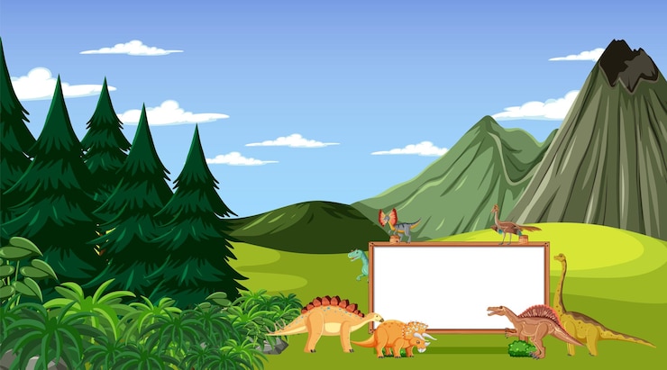 Vecteur gratuit forêt préhistorique avec plateau vide et dinosaure