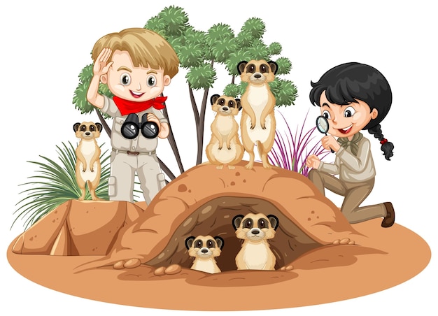 Vecteur gratuit forêt de savane isolée avec enfants explorateurs et suricate