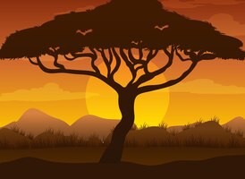 Vecteur gratuit forêt de savane silhouette au coucher du soleil