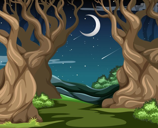 Forêt sombre avec de grands arbres dans la scène de nuit
