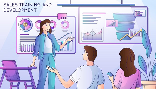 Formation aux ventes et développement arrière-plan plat avec entraîneur féminin et équipe si les gestionnaires illustration vectorielle