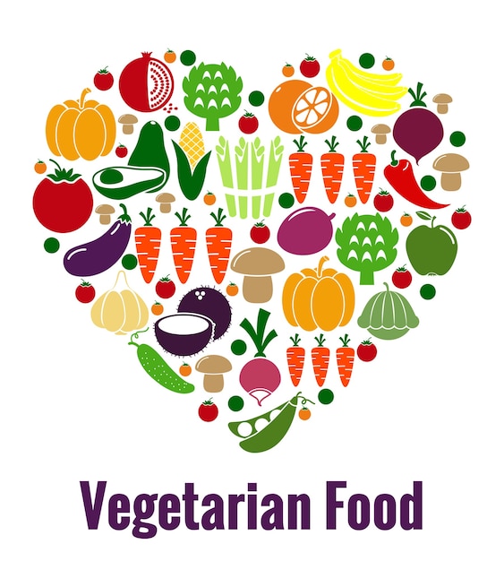 Vecteur gratuit forme de coeur de nourriture végétarienne. légumes et régime, frais et fruits, carottes et tomates, patison et avocat. illustration vectorielle