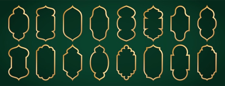 Vecteur gratuit des formes de fenêtres islamiques traditionnelles en or, des cadres d'architecture musulmane ou des frontières dorées arabes