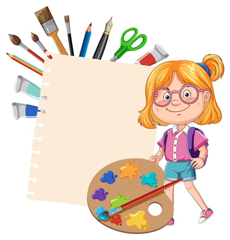 Vecteur gratuit des fournitures d'art créatives avec une fille