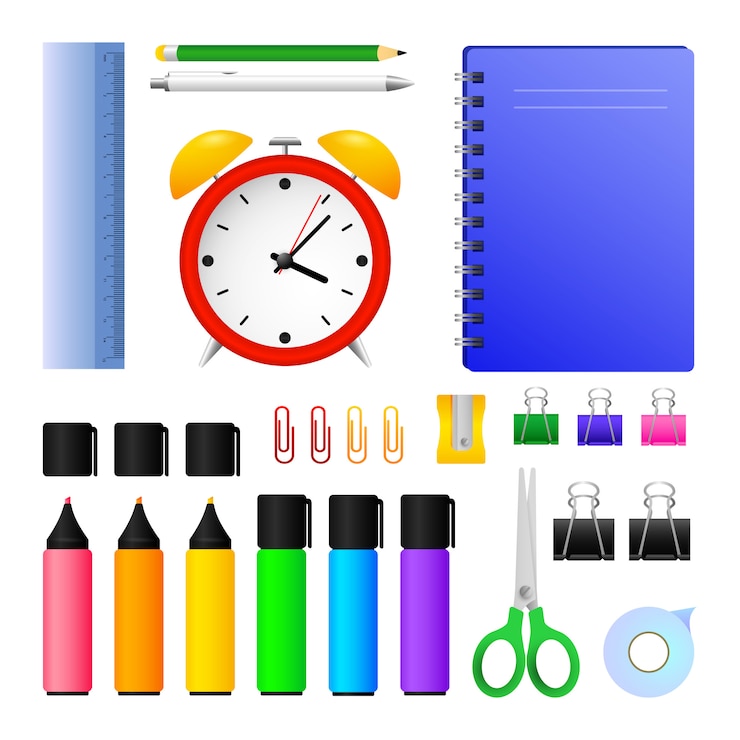 Vecteur gratuit fournitures de bureau et réveil