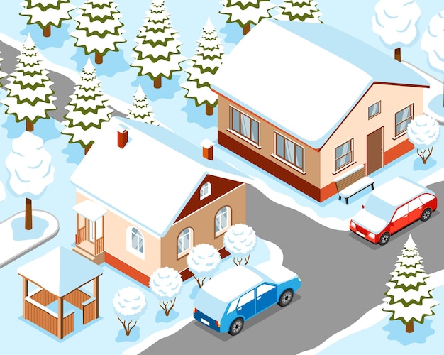 Vecteur gratuit fragment isométrique de la ville d'hiver avec maisons voitures épicéas et buissons couverts d'illustration vectorielle de neige