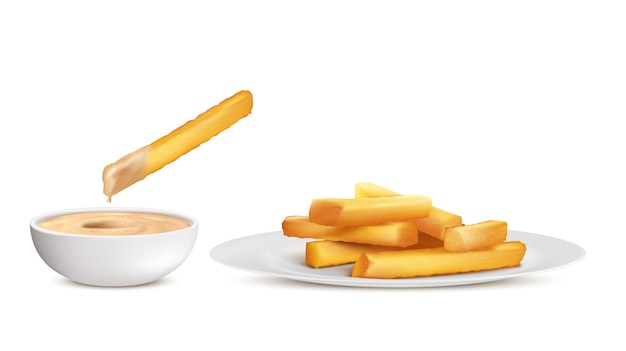 Frites dorées réalistes, tas de pommes de terre frites dans une assiette blanche et un bol avec sauce