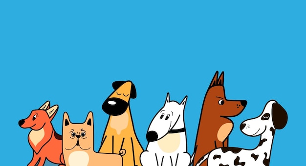 Frontière de vecteur avec différentes races de chiens mignons en style dessin animé sur fond bleu