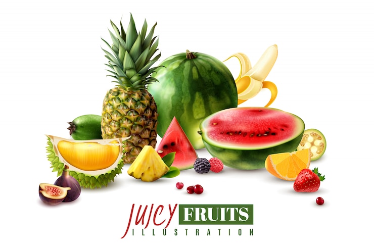 Vecteur gratuit fruits juteux frais entiers et pièces de service tranches tranches composition réaliste avec illustration vectorielle de pastèque figue ananas