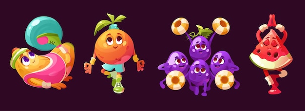 Fruits Personnages De Dessins Animés Faisant Des Exercices Sportifs Et Du Yoga Set D'illustration Vectorielle De Banane Avec Balle De Fitness Orange Et Pastèque Debout Dans L'asana Avec Des Mains Om Raisins Cheerleaders Dansant