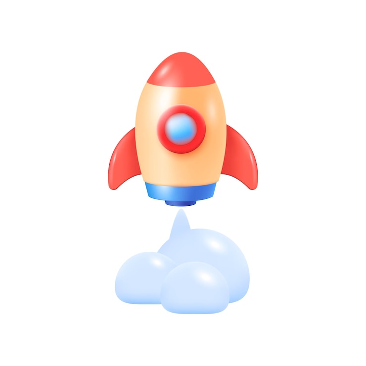 Vecteur gratuit fusée comme symbole de l'illustration 3d de lancement de projet. démarrage, idée innovante, dessin animé d'un vaisseau spatial en 3d sur fond blanc. entreprise, démarrage, concept d'innovation