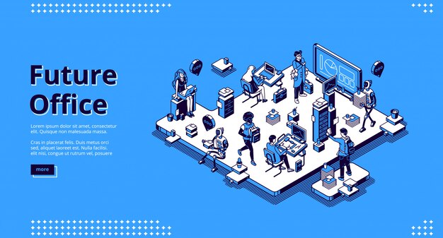 Futur bureau d'atterrissage isométrique, humain et robots