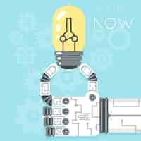 Vecteur gratuit le futur c'est maintenant. main de robot tenant l'ampoule. créativité électrique, innovation d'équipement