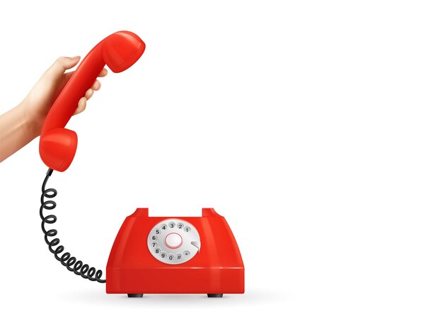Gadgets électroniques rétro vintage composition réaliste avec la main humaine tenant un combiné câblé d'illustration vectorielle de téléphone rotatif rouge