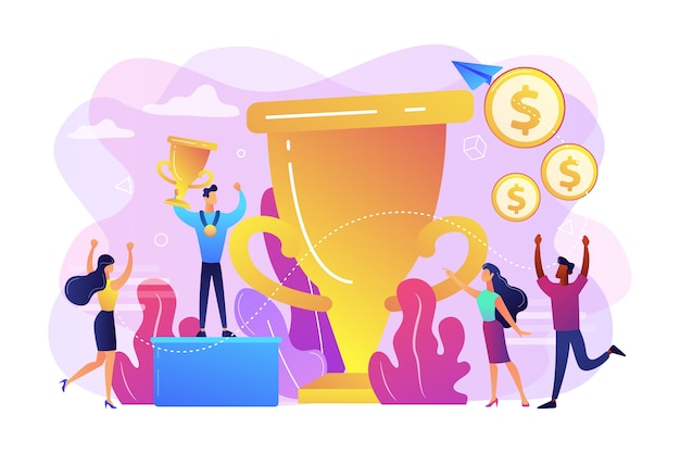 Gagnant du concours tenant le trophée d'or et la médaille. Leadership et réussite. Cagnotte, distribution de prix, concept de prix principal du tournoi.