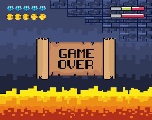 Game over message avec scène de feu et barres de vie