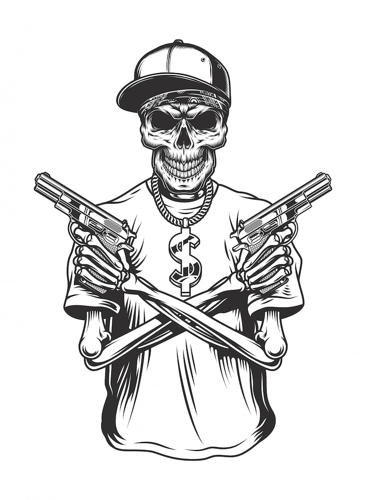 Vecteur gratuit gangster squelette avec des fusils