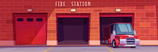 Garage de la caserne de pompiers avec boîte de départ de camion rouge