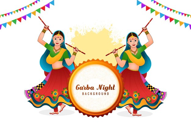 Garba night belle femme jouant à la conception de cartes de célébration garba et dandiya