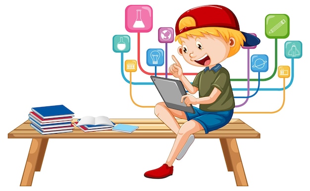 Vecteur gratuit garçon assis sur un banc d'apprentissage à partir d'une tablette
