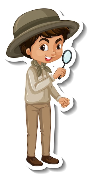Vecteur gratuit garçon en autocollant de personnage de dessin animé tenue safari