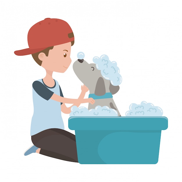 Vecteur gratuit garçon avec chien de dessin animé prenant une douche