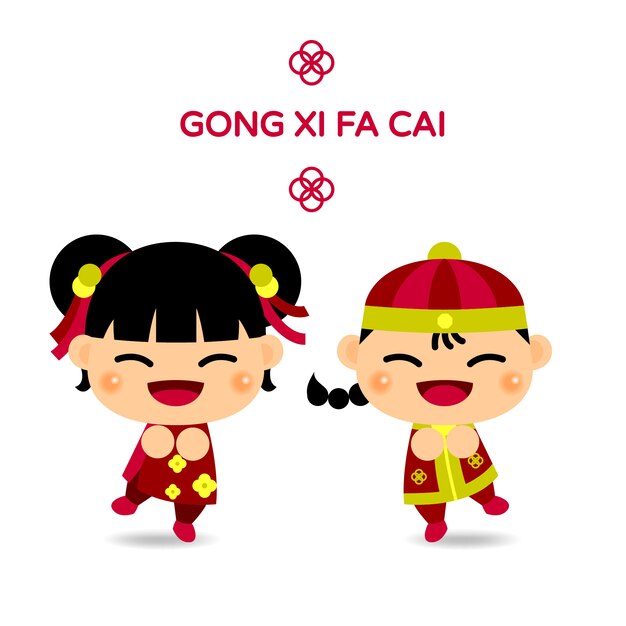 Garcon Chinois Et Dessin Anime Fille Chinoise Visage Souriant Et Heureux Celebrer Le Festival Traditionnel Du Nouvel An Chinois Vecteur Premium