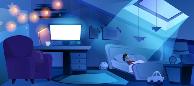Vecteur gratuit garçon de dessin animé dormir dans son lit dans la chambre de nuit