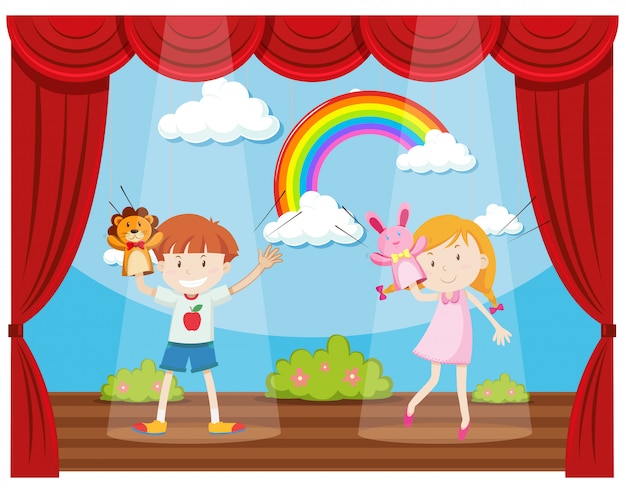 Vecteur gratuit garçon et fille faisant un spectacle de marionnettes sur scène