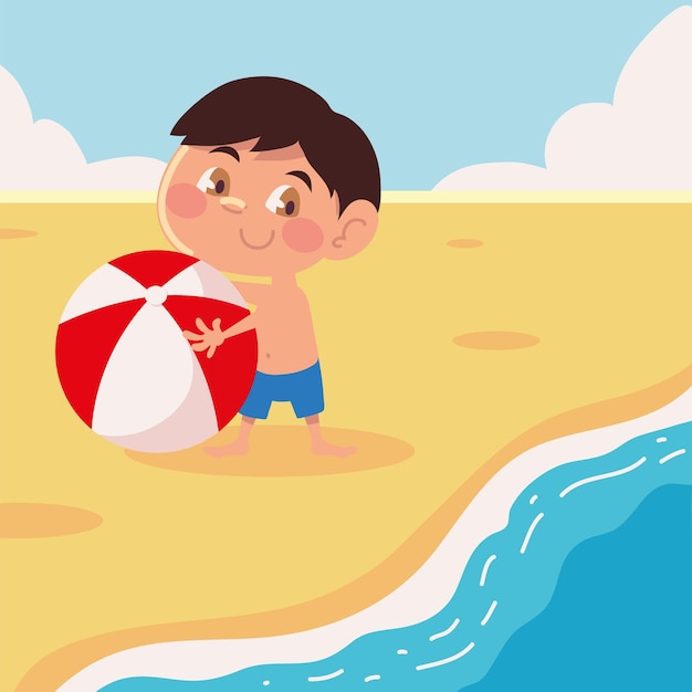 Vecteur gratuit garçon jouant avec un ballon sur la plage