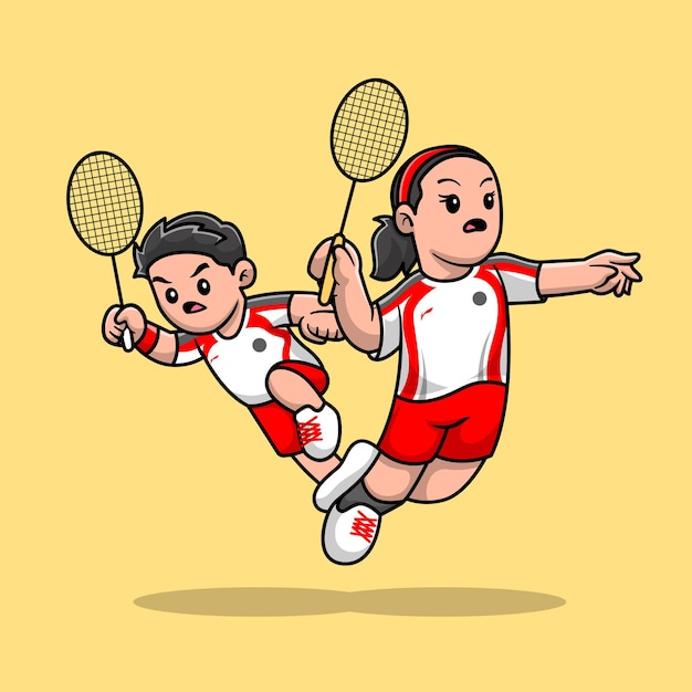 Garçon Mignon Et Fille Jouant Au Badminton Cartoon Vector Icon Illustration. Concept D'icône De Personnes De Sport Isolé Vecteur Premium. Style De Dessin Animé Plat