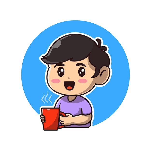 Garçon mignon tenant illustration d'icône de dessin animé de café chaud.