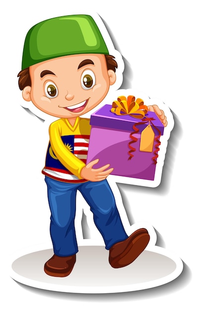 Vecteur gratuit garçon musulman tenant un autocollant de personnage de dessin animé de boîte-cadeau