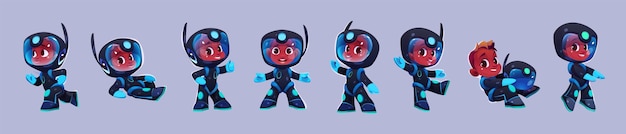 Garçon Noir Dans L'espace Astronaute Costume Personnage De Vecteur De Dessin Animé Mignon Petit Cosmonaute Enfant Porter Un Casque Et Un Costume Pour Voler Sourire Couché Et Courir Clipart Galaxie Isolé Astronut Illustration Set