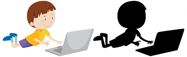 Garçon recherchant sur ordinateur portable avec sa silhouette