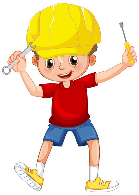 Un garçon tenant des outils à main sur fond blanc