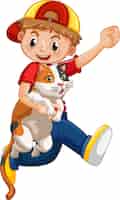 Vecteur gratuit un garçon tenant un personnage de dessin animé de chat mignon isolé sur fond blanc
