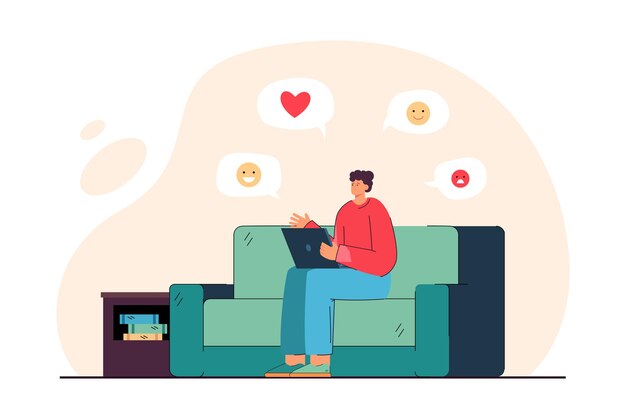 Garçon utilisant une illustration plate pour ordinateur portable. Jeune homme assis sur un canapé avec un appareil numérique donnant des likes sur les réseaux sociaux