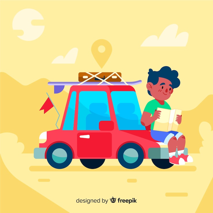 Vecteur gratuit garçon voyageant avec une voiture