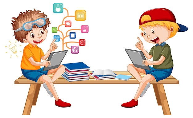 Vecteur gratuit garçons apprenant en ligne à partir d'une tablette
