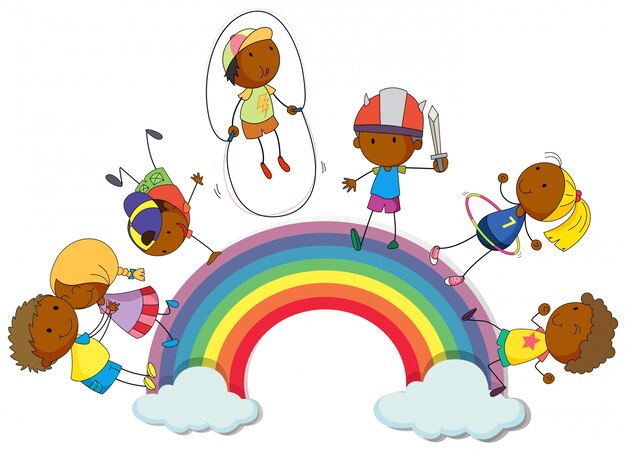 Garçons et filles sur l'arc-en-ciel