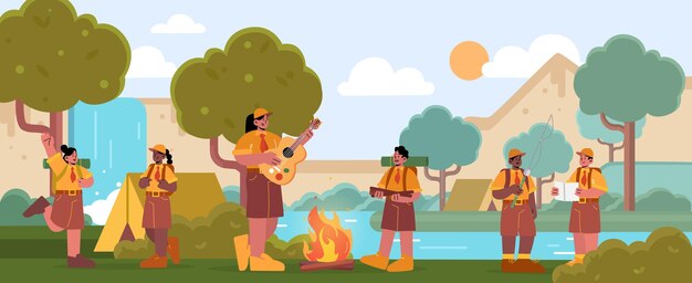 Garçons et filles scouts avec conseiller au camp d'été avec des tentes Les enfants portent une aventure de camping uniforme sur la nature Les enfants chantent des chansons à la pêche au feu Course d'orientation Dessin au trait illustration vectorielle plane