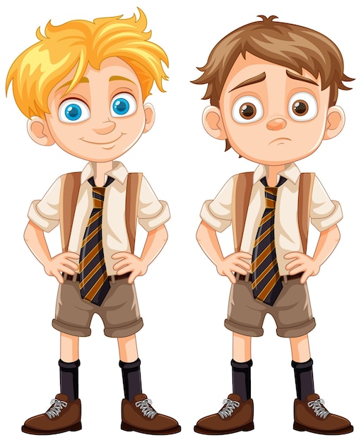 Vecteur gratuit des garçons heureux et tristes, des amis de dessins animés en uniforme scolaire